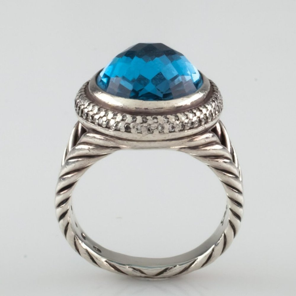 David Yurman Sterling Silver Signature Blue Topaz Ring w/ Diamond Accents Size 6 - Picture 3 of 9